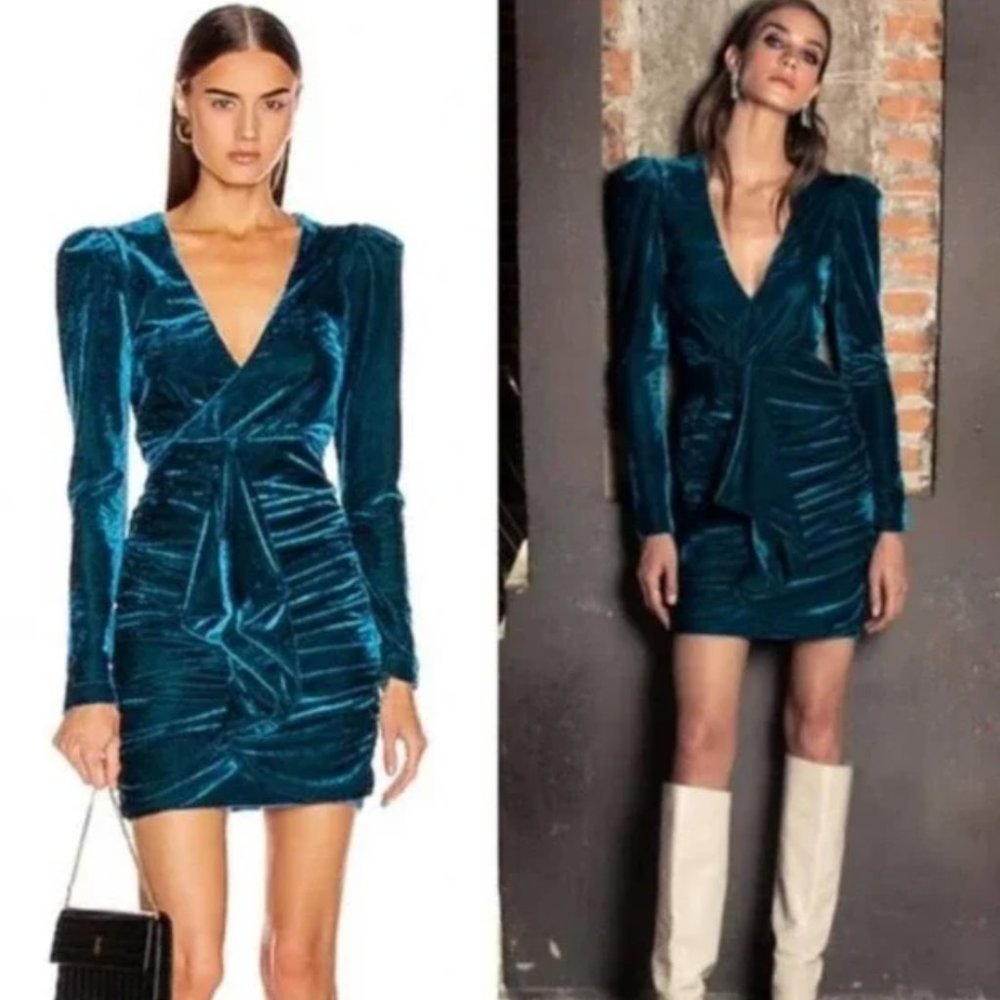 PATBO Velvet Ruched Mini Dress in Azure Blue - Size US 0 - Picture 1 of 15